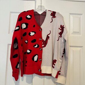 Tiger Print Cardigan V Neck Long Sleeve Color Block Button Down Sweater NWOT L